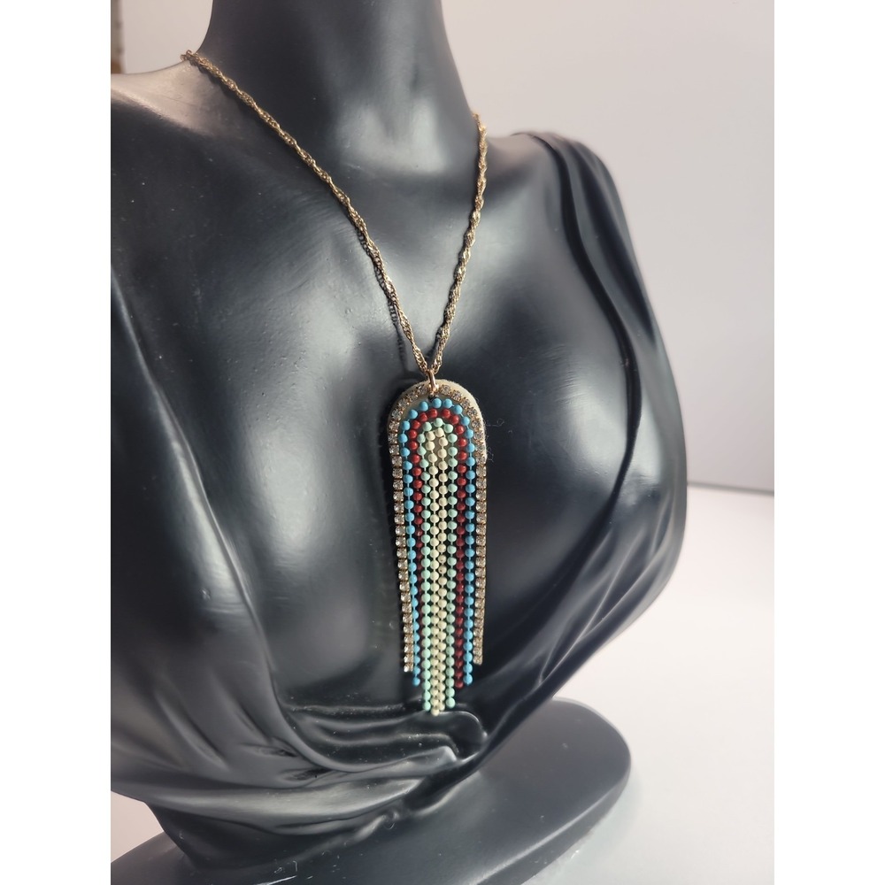 Boho Beaded Tassel Pendant Necklace Rhinestone Fringe Turquoise Red Gold Tone St